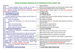 REGRAS DE VOLEIBOL APROVADAS NO 31º CONGRESSO DA FIVB em DUBAI, 2008

substituições.                                                              15.1 player substitutions.
15.11.2      A primeira solicitação indevida na partida que não afetar ou 15.11.3 15.11.2 The first improper request in the match that does not affect or delay
retardar o jogo deve ser rejeitada sem qualquer outra conseqüência.         16.1 the game shall be rejected without any other consequences.
15.11.3      Qualquer solicitação indevida adicional na partida pela mesma 25.2.2.6 15.11.3 Any further improper request in the match by the same team
equipe constitui um retardamento                                             16 constitutes a delay.
16. RETARDAMENTOS DO JOGO                                                                16. GAME DELAYS
16.1 TIPOS DE RETARDAMENTOS                                                              16.1 TYPES OF DELAYS
       Uma ação imprópria de uma equipe que atrasa o reinício do jogo é um               An improper action of a team that defers resumption of the game is a delay
retardamento e inclui, entre outras:                                                     and includes, among others:
16.1.1        retardar uma substituição;                                         15.10.2 16.1.1 delaying a substitution,
16.1.2        prolongar outras interrupções do jogo, após ter sido instruído a           16.1.2 prolonging other game interruptions, after having been instructed to
reiniciar o jogo;                                                                  15 resume the game,

16.1.3        solicitar uma substituição ilegal;                                         16.1.3 requesting an illegal substitution,
                                                                                  15.9
16.1.4        repetir uma solicitação imprópria;                                         16.1.4 repeating an improper request,
                                                                                 15.11.3
16.1.5        retardar o jogo por um membro da equipe.                                   16.1.5 delaying the game by a team member.
16.2 SANÇÃO POR RETARDAMENTOS                                                      D9 16.2 DELAY SANCTIONS
16.2.1        “Advertência por retardamento” e “penalidade por retardamento”                16.2.1 "Delay warning" and "delay penalty" are team sanctions.
são punições para a equipe.
16.2.1.1 Sanções por retardamento permanecem em vigor por toda a partida.          6.3      16.2.1.1 Delay sanctions remain in force for the entire match.
16.2.1.1 Todas as sanções por retardamento são registradas na súmula.            25.2.2.6   16.2.1.2 All delay sanctions are recorded on the scoresheet.
16.2.2        O primeiro retardamento na partida por um membro de uma            4.1.1, 16.2.2 The first delay in the match by a team member is sanctioned with a
equipe é sancionado com uma “ADVERTÊNCIA POR RETARDAMENTO”.                      D11(25)
                                                                                            "DELAY WARNING".
16.2.3        O segundo retardamento e os subseqüentes, de qualquer tipo,         6.1.3
por qualquer jogador ou outro membro da mesma equipe na mesma partida,                 16.2.3 The second and subsequent delays of any type by any member of the
                                                                                 D11(25)
constitui(em) falta e é(são) punido(s) como uma “FALTA POR                             same team in the same match constitute a fault and are sanctioned with a
RETARDAMENTO”: um ponto e o saque para o adversário.                                   "DELAY PENALTY": a point and service to the opponent.
16.2.4        Punições por retardamento impostas antes ou entre sets são               16.2.4 Delay sanctions imposed before or between sets are applied in the
                                                                                  18.1
aplicadas no set seguinte.                                                             following set.
17. INTERRUPÇÕES DE JOGO EXCEPCIONAIS                                                       17. EXCEPTIONAL GAME INTERRUPTIONS
 