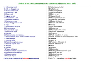 REGRAS DE VOLEIBOL APROVADAS NO 31º CONGRESSO DA FIVB em DUBAI, 2008

9.3 Faltas ao jogar a bola                                   9.3 Faults in playing the ball
10. Bola em direção à rede                                   10. Ball at the net
10.1 Bola cruzando a rede                                    10.1 Ball crossing the net
10.2 Bola tocando a rede                                     10.2 Ball touching the net
10.3 Bola na rede                                            10.3 Ball in the net
11. Jogador na rede                                          11. Player at the net
11.1 Tocando sobre a rede                                    11.1 Reaching beyond the net
11.2 Penetração sob a rede                                   11.2 Penetration under the net
11.3 Contato com a rede                                      11.3 Contact with the net
11.4 Faltas dos jogadores na rede                            11.4 Player's faults at the net
12. Saque                                                    12. Service
12.1 Primeiro saque de um set                                12.1 First service in a set
12.2 Ordem de saque                                          12.2 Service order
12.3 Autorização do saque                                    12.3 Authorization of the service
12.4 Execução do saque                                       12.4 Execution of the service
12.5 Barreira                                                12.5 Screening
12.6 Faltas cometidas durante o saque                        12.6 Faults made during the service
12.7 Faltas cometidas depois do saque e faltas de posição    12.7 Faults made after the service and positional faults
13. Golpe de ataque                                          13. Attack hit
13.1 Golpe de ataque                                         13.1 Attack hit
13.2 Restrições ao golpe de ataque                           13.2 Restrictions of the attack hit
13.3 Faltas do golpe de ataque                               13.3 Faults of the attack hit
14. Bloqueio                                                 14. Block
14.1 Bloqueio                                                14.1 Blocking
14.2 Toques de bloqueio                                      14.2 Block contact
14.3 Bloqueio dentro do espaço adversário                    14.3 Blocking within the opponent's space
14.4 Bloqueio e toques da equipe                             14.4 Block and team hits
14.5 Bloqueio do saque                                       14.5 Blocking the service
14.6 Faltas de bloqueio                                      14.6 Blocking faults
CAPÍTULO CINCO – Interrupções, Intervalos e Retardamentos    Chapter Five – Interruptions, Intervals and Delays
 