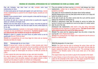 REGRAS DE VOLEIBOL APROVADAS NO 31º CONGRESSO DA FIVB em DUBAI, 2008

Elas são ilimitadas, mas deve haver um rally completo entre duas               15.5 They are unlimited, but there must be a completed rally between two Libero
substituições de Líbero.                                                       6.1.3 replacements. (unless due to injury/illness or there is a forced rotation
O Líbero pode apenas ser trocado pelo jogador com quem ele trocou. (exceto               caused by a penalty)
devido à lesão/doença ou quando há uma rotação forçada, causada por uma                  The Libero can only be replaced by the player whom he/she replaced.
penalidade).                                                                             19.3.2.2 Replacements must only take place while the ball is out of play and
19.3.2.2 Trocas somente devem ocorrer enquanto a bola está fora de jogo e        8.3     before the whistle for service.
antes do apito para o saque.                                                    12.3     At the start of each set, the Libero cannot enter the court until the second
No começo de cada set, o Líbero não pode entrar na quadra até o segundo        7.3.2,    referee has checked the starting line-up.
árbitro ter conferido a formação inicial.                                       12.1     19.3.2.3 A replacement made after the whistle for service but before the
19.3.2.3 Uma troca feita depois do apito para o saque, mas antes do golpe de             service hit should not be rejected but must be the object of a verbal caution
                                                                               12.3,
saque não deve ser rejeitada, mas deve ser objeto de aviso verbal depois do    12.4,     after the end of the rally.
fim do rally.                                                                            Subsequent late replacements shall result in the play being interrupted
Trocas tardias posteriores resultarão na interrupção imediata da jogada e na             immediately and the imposition of a delay sanction. The team to serve next
imposição de uma penalidade por retardamento. A próxima equipe a sacar                   will be determined by the result of the delay sanction.
                                                                                16.2
será determinada pelo resultado da sanção de retardamento.                               19.3.2.4 The Libero and the replacing player may only enter or leave the
                                                                                1.4.4
19.3.2.4 O Líbero e o jogador com quem trocou só podem entrar ou sair da                 court by the “Libero Replacement Zone”.
                                                                                7.5.1
quadra pela Zona de Troca de Líbero                                             D.1b     19.3.2.5 The consequences of an illegal Libero replacement are the same as
                                                                                         those for a rotational fault.
19.3.2.5 As conseqüências de uma troca ilegal de Líbero são as mesmas           7.2.2
daquelas das faltas de rotação.                                                26.2.2.
                                                                                  2
19.3.3       Redesignação de um novo Líbero:                                      19.3.3 Re-designation of a new Libero:
19.3.3.1 O técnico tem o direito de modificar o Líbero atuante pelo Líbero        19.3.3.1 The coach has the right to exchange the acting Libero with the
reserva por qualquer razão, mas somente uma vez na partida e somente após 19.3.2. reserve Libero for any reason, but only once in the match, and only after the
o retorno para a quadra do jogador trocado. Esta moficação deve ser 1 regular replacement player has returned to court. This exchange must be
registrada na seção de Observações da súmula e na folha de Controle de            recorded in the Remarks section of the score sheet and on the Libero
Libero.                                                                           Control sheet.
O Líbero original não pode mais retornar ao jogo, pelo resto da partida.          The original Libero may not re-enter to play for the remainder of the match.
Em caso de doença ou lesão do Líbero reserva, o técnico pode designar 19.3.3. In case of illness or injury to the reserve Libero, the coach may designate as
como Líbero para o resto da partida, qualquer outro jogador (exceto o Líbero 2 Libero for the remainder of the match any other player (except the original
original) que não esteja em quadra no momento da re-designação.                   Libero) not on the court at the moment of the re-designation.
O capitão da equipe pode abdicar de todos os privilégios de liderança para
 