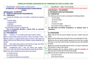 REGRAS DE VOLEIBOL APROVADAS NO 31º CONGRESSO DA FIVB em DUBAI, 2008

       Desqualificação: cartões amarelo e vermelho (juntos)                       21.3.3          Disqualification: yellow + red card (jointly).
     OS ÁRBITROS, SUAS RESPONSABILIDADES E SINAIS MANUAIS                                    THE REFEREES, THEIR RESPONSABILITIES AND OFFICIAL HAND SIGNALS
                                     OFICIAIS                                               CHAPTER EIGHT – THE REFEREES
CAPÍTULO OITO – OS ÁRBITROS                                                                 22. REFEREEING CORPS AND PROCEDURES
22. EQUIPE DE ARBITRAGEM E PROCEDIMENTOS                                                    22.1 COMPOSITION
22.1 COMPOSIÇÃO                                                                             The refereeing corps for a match is composed of the following officials:
       A equipe de arbitragem para uma partida é composta dos seguintes             23            - the first referee
árbitros:
                                                                                    24            - the second referee
       - o primeiro árbitro
                                                                                    25            - the scorer
       - o segundo árbitro
                                                                                    27            - four (two) line judges
       - o apontador
       - quatro(dois) juízes de linha                                                             Their location is shown in Diagram 10.
   Sua localização é mostrada no Diagrama 10.                                       26
                                                                                            For FIVB World and Official Competitions, an assistant scorer is
       Para as Competições Mundiais e Oficiais FIVB, um apontador                           compulsory.
assistente é obrigatório.
22.2 PROCEDIMENTOS                                                                          22.2 PROCEDURES
22.2.1        Somente o 1º e o 2º árbitros podem apitar durante a partida:                  22.2.1 Only the first and second referees may blow a whistle during the
                                                                                  6.1.3,    match:
22.2.1.1 o primeiro árbitro apita para autorizar o saque, que começa o "rally";
                                                                                   12.3
22.2.1.2 o primeiro e o segundo árbitros apitam ao final do "rally", desde que              22.2.1.1 the first referee gives the signal for the service that begins the rally;
estejam certos que uma falta tenha sido cometida e tenham identificado sua                  22.2.1.2 the first and second referees signal the end of the rally, provided
natureza.                                                                                   that they are sure that a fault has been committed and they have identified
22.2.2        Eles podem apitar quando a bola está fora de jogo para indicar       5.1.2    its nature.
                                                                                    8.2
que autorizam ou rejeitam a solicitação de uma equipe.                                      22.2.2 They may blow the whistle when the ball is out of play to indicate that
22.2.3        Imediatamente após o apito dos árbitros para sinalizar a            22.2.1.   they authorize or reject a team request.
conclusão do "rally', eles devem indicar, através dos sinais manuais oficiais:     228.1    22.2.3 Immediately after the referee’s whistle to signal the completion of
                                                                                  D11(2)    rally, they have to indicate with the official hand signals:
22.2.3.1 Se a falta foi apitada pelo primeiro árbitro, ele indicará:
                                                                                  12.2.2
       a) a equipe que saca,                                                                22.2.3.1 If the fault is whistled by the first referee, he/she will indicate:
                                                                                  D11(2)
       b) a natureza da falta,                                                                      a) the team to serve,
       c) o jogador(es) faltoso(es) (se necessário);                                                b) the nature of the fault,
 