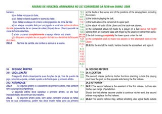 REGRAS DE VOLEIBOL APROVADAS NO 31º CONGRESSO DA FIVB em DUBAI, 2008

barreira;                                                                       12.4, a) the faults of the server and of the positions of the serving team, including
                                                                                12.5 the screen,
      b) as faltas no toque da bola;
                                                                               12.7.1
      c) as faltas no bordo superior e acima da rede;                         D4 9.3 b) the faults in playing the ball,
       d) as faltas no ataque do Líbero e dos jogadores da linha da trás;      11.3.1 c) the faults above the net and at its upper part,
      e) um ataque completo feito por um jogador a uma bola acima da altura 11.4.1, d) the attack hit faults of the Libero and the back-row players,
                                                                               11.4.4
da rede proveniente de um passe de voleio (toque) de um Líbero que está na
                                                                              13.3.3, e) the completed attack hit made by a player on a ball above net height
zona de frente dele/dela.                                                      13.3.5 coming from an overhand pass with finger by the Libero in his/her front zone;
      f) a bola cruzando completamente o espaço inferior sob a rede.          24.3.2.4
                                                                                       f) the ball crossing completely the lower space under the net.
      g) o bloqueio completo de um jogador de trás ou a tentativa de bloqueio D11 (21)
                                                                                1.4.1 g) the completed block by back row players or the attempted block by the
do Líbero.                                                                     13.3.6 Libero
23.3.3       No final da partida, ele confere a súmula e a assina.            24.3.2.
                                                                                  4    23.3.3 At the end of the match, he/she checks the scoresheet and signs it.
                                                                                 8.4.5
                                                                                24.3.2.
                                                                                 7 D5
                                                                                14.6.2
                                                                                14.6.6
                                                                                D11(12)
                                                                                25.2.3.
                                                                                   3
24. SEGUNDO ÁRBITRO                                                                       24. SECOND REFEREE
24.1 LOCALIZAÇÃO                                                                 D.1a     24.1 LOCATION
                                                                                 D1b
      O segundo árbitro desempenha suas funções de pé, fora da quadra de         D10      The second referee performs his/her functions standing outside the playing
jogo, próximo ao poste, no lado oposto e de frente para o primeiro árbitro.               court near the post, on the opposite side facing the first referee.
24.2 AUTORIDADE                                                                           24.2 AUTHORITY
24.2.1       O segundo árbitro é o assistente do primeiro árbitro, mas também    24.3     24.2.1 The second referee is the assistant of the first referee, but has also
tem sua própria competência.                                                              his/her own range of jurisdiction.
      O segundo árbitro deve substituir o primeiro árbitro, se ele ficar                  Should the first referee become unable to continue his/her work, the second
impossibilitado de continuar seu trabalho.                                                referee may replace the first referee.
24.2.2       O segundo árbitro pode, sem apitar, também sinalizar as faltas      24.3     24.2.2 The second referee may, without whistling, also signal faults outside
fora de sua competência, porém não deve insistir nelas junto ao primeiro
 