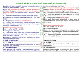 REGRAS DE VOLEIBOL APROVADAS NO 31º CONGRESSO DA FIVB em DUBAI, 2008

25.2.2.2 controla a ordem de saque de cada equipe e avisa aos árbitros sobre      15.1,    the referees immediately after the service hit;
qualquer erro, imediatamente após o saque;                                      15.4.1,    25.2.2.3 is empowered to acknowledge and announce requests for player
                                                                                24.2.6,
25.2.2.3 está encarregado de reconhecer e anunciar solicitações de                         substitutions by use of the buzzer, and records the substitutions and time-
                                                                                 24.2.7
substituições dos jogadores pelo uso da campainha, e de registrar as             15.11     outs controlling their number, and informing the second referee;
substituições e tempos, controlando seu número e informando o segundo             6.2,     25.2.2.4 notifies the referees of a request for interruption that is out of order;
árbitro;                                                                        15.4.1,    25.2.2.5 announces to the referees the ends of the sets and the scoring of
25.2.2.4 notifica os árbitros sobre uma solicitação de interrupção indevida;    18.2.2,    the 8th point in the deciding set;
                                                                                15.11.3
25.2.2.5 anuncia aos árbitros o fim dos sets e a marcação do 8º ponto no set               25.2.2.6 records any sanctions and improper requests;
                                                                                  16.2,
decisivo;                                                                         21.3     25.2.2.7 records all other events as instructed by the second referee, i.e.
25.2.2.6 registra quaisquer punições e solicitações indevidas;                    15.7     exceptional substitutions, recovery time, prolonged interruptions, external
25.2.2.7 registra todos os outros eventos conforme instruído pelo segundo       17.1.2,    interference, etc.
árbitro, i.e., substituições excepcionais, tempo de recuperação, interrupções     17.2,
                                                                                  17.3     25.2.2.8 controls the interval between sets;
prolongadas , interferência externa, etc.
                                                                                   6.3     25.2.3 At the end of the match, the scorer:
25.2.2.8 controla o intervalo entre os sets;
                                                                                5.1.2.1,   25.2.3.1 records the final result;
25.2.3        Ao final da partida, o apontador:                                 5.1.3.2,
                                                                                           25.2.3.2 in the case of protest, with the previous authorization of the first
25.2.3.1 registra o resultado final;                                             23.2.4
                                                                                           referee, writes or permits the team/game captain to write on the scoresheet a
25.2.3.2 em caso de protesto, com a prévia autorização do primeiro árbitro,     5.1.3.1,
                                                                                23.3.3,
                                                                                           statement on the incident protested.
escreve ou permite ao capitão da equipe/em jogo escrever na súmula sua                     25.2.3.3 after signing the scoresheet him/herself, obtains the signatures of
                                                                                 24.3.3
versão sobre os fatos protestados.                                                         the team captains and then the referees.
25.2.3.3 após ele mesmo assinar a súmula, colhe as assinaturas dos capitães
das equipes e então a dos árbitros;
26. APONTADOR ASSISTENTE                                                              26. ASSISTANT SCORER
26.1 LOCALIZAÇÃO                                                                 22.1 26.1 LOCATION
                                                                                 D1a, The assistant scorer performs his/her functions seated beside the scorer at
O apontador assistente desempenha suas funções sentado ao lado do                D1b,
apontador na mesa do apontador.                                                  D10 the scorer’s table.
26.2 RESPONSABILIDADES                                                           19.3 26.2 RESPONSIBILITIES
Ele/ela registra as trocas envolvendo o Líbero. Ele/ela assiste o apontador                He/she records the replacements involving the Libero. He/she assists with
nas tarefas administrativas dele. Se o apontador fica impossibilitado de                   the administrative duties of the scorer’s work. Should the scorer become
 
