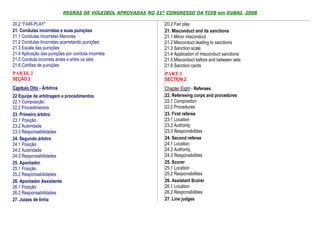 REGRAS DE VOLEIBOL APROVADAS NO 31º CONGRESSO DA FIVB em DUBAI, 2008

20.2 “FAIR-PLAY”                                              20.2 Fair play
21. Condutas incorretas e suas punições                       21. Misconduct and its sanctions
21.1 Condutas Incorretas Menores                              21.1 Minor misconduct
21.2 Condutas Incorretas acarretando punições                 21.2 Misconduct leading to sanctions
21.3 Escala das punições                                      21.3 Sanction scale
21.4 Aplicação das punições por conduta incorreta             21.4 Application of misconduct sanctions
21.5 Conduta incorreta antes e entre os sets                  21.5 Misconduct before and between sets
21.6 Cartões de punições                                      21.6 Sanction cards
PARTE 2                                                       PART 2
SEÇÃO 2                                                       SECTION 2
Capítulo Oito - Árbitros                                      Chapter Eight - Referees
22 Equipe de arbitragem e procedimentos                       22. Refereeing corps and procedures
22.1 Composição                                               22.1 Composition
22.2 Procedimentos                                            22.2 Procedures
23. Primeiro árbitro                                          23. First referee
23.1 Posição                                                  23.1 Location
23.2 Autoridade                                               23.2 Authority
23.3 Responsabilidades                                        23.3 Responsibilities
24. Segundo árbitro                                           24. Second referee
24.1 Posição                                                  24.1 Location
24.2 Autoridade                                               24.2 Authority
24.3 Responsabilidades                                        24.3 Responsibilities
25. Apontador                                                 25. Scorer
25.1 Posição                                                  25.1 Location
25.2 Responsabilidades                                        25.2 Responsibilities
26. Apontador Assistente                                      26. Assistant Scorer
26.1 Posição                                                  26.1 Location
26.2 Responsabilidades                                        26.2 Responsibilities
27. Juízes de linha                                           27. Line judges
 