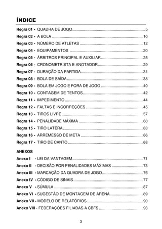 ÍNDICE
Regra 01 - QUADRA DE JOGO .................................................................... 5
Regra 02 - A BOLA ..................................................................................... 10
Regra 03 - NÚMERO DE ATLETAS ........................................................... 12
Regra 04 - EQUIPAMENTOS .................................................................... 20
Regra 05 - ÁRBITROS PRINCIPAL E AUXILIAR ....................................... 25
Regra 06 - CRONOMETRISTA E ANOTADOR .......................................... 29
Regra 07 - DURAÇÃO DA PARTIDA .......................................................... 34
Regra 08 - BOLA DE SAÍDA ....................................................................... 38
Regra 09 - BOLA EM JOGO E FORA DE JOGO ....................................... 40
Regra 10 - CONTAGEM DE TENTOS ........................................................ 42
Regra 11 - IMPEDIMENTO ......................................................................... 44
Regra 12 - FALTAS E INCORREÇÕES ..................................................... 45
Regra 13 - TIROS LIVRE ............................................................................ 57
Regra 14 - PENALIDADE MÁXIMA ............................................................ 60
Regra 15 - TIRO LATERAL ......................................................................... 63
Regra 16 - ARREMESSO DE META .......................................................... 66
Regra 17 - TIRO DE CANTO ...................................................................... 68

ANEXOS
Anexo I       - LEI DA VANTAGEM .................................................................. 71
Anexo II - DECISÃO POR PENALIDADES MÁXIMAS ............................. 73
Anexo III - MARCAÇÃO DA QUADRA DE JOGO ...................................... 76
Anexo IV - CÓDIGO DE SINAIS ................................................................. 77
Anexo V - SÚMULA ................................................................................... 87
Anexo VI - SUGESTÃO DE MONTAGEM DE ARENA............................... 89
Anexo VII - MODELO DE RELATÓRIOS .................................................... 90
Anexo VIII - FEDERAÇÕES FILIADAS A CBFS ......................................... 93


                                                   3
 