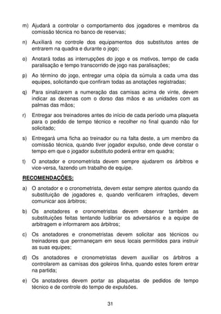 m) Ajudará a controlar o comportamento dos jogadores e membros da
   comissão técnica no banco de reservas;
n) Auxiliará no controle dos equipamentos dos substitutos antes de
   entrarem na quadra e durante o jogo;
o) Anotará todas as interrupções do jogo e os motivos, tempo de cada
   paralisação e tempo transcorrido de jogo nas paralisações;
p) Ao término do jogo, entregar uma cópia da súmula a cada uma das
   equipes, solicitando que confiram todas as anotações registradas;
q) Para sinalizarem a numeração das camisas acima de vinte, devem
   indicar as dezenas com o dorso das mãos e as unidades com as
   palmas das mãos;
r)   Entregar aos treinadores antes do início de cada período uma plaqueta
     para o pedido de tempo técnico e recolher no final quando não for
     solicitado;
s) Entregará uma ficha ao treinador ou na falta deste, a um membro da
   comissão técnica, quando tiver jogador expulso, onde deve constar o
   tempo em que o jogador substituto poderá entrar em quadra;
t)   O anotador e cronometrista devem sempre ajudarem os árbitros e
     vice-versa, fazendo um trabalho de equipe.
RECOMENDAÇÕES:
a) O anotador e o cronometrista, devem estar sempre atentos quando da
   substituição de jogadores e, quando verificarem infrações, devem
   comunicar aos árbitros;
b) Os anotadores e cronometristas devem observar também as
   substituições feitas tentando ludibriar os adversários e a equipe de
   arbitragem e informarem aos árbitros;
c) Os anotadores e cronometristas devem solicitar aos técnicos ou
   treinadores que permaneçam em seus locais permitidos para instruir
   as suas equipes;
d) Os anotadores e cronometristas devem auxiliar os árbitros a
   controlarem as camisas dos goleiros linha, quando estes forem entrar
   na partida;
e) Os anotadores devem portar as plaquetas de pedidos de tempo
   técnico e de controle do tempo de expulsões.


                                    31
 