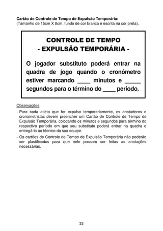 Cartão de Controle de Tempo de Expulsão Temporária:
(Tamanho de 15cm X 8cm, fundo de cor branca e escrita na cor preta).



              CONTROLE DE TEMPO
           - EXPULSÃO TEMPORÁRIA -

     O jogador substituto poderá entrar na
     quadra de jogo quando o cronômetro
     estiver marcando ____ minutos e _____
     segundos para o término do ____ período.

Observações:
- Para cada atleta que for expulso temporariamente, os anotadores e
  cronometristas devem preencher um Cartão de Controle de Tempo de
  Expulsão Temporária, colocando os minutos e segundos para término do
  respectivo período em que seu substituto poderá entrar na quadra e
  entregá-lo ao técnico da sua equipe.
- Os cartões de Controle de Tempo de Expulsão Temporária não poderão
  ser plastificados para que nele possam ser feitas as anotações
  necessárias.




                                  33
 