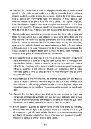 10- No caso de um tiro livre a favor da equipe atacada, dentro de sua área
   penal, a bola pode ser colocada em qualquer parte da área e nenhum
   jogador poderá receber a bola, diretamente, dentro da área penal, para
   que a ponha em movimento logo em seguida. A bola deverá ser
   chutada diretamente para fora da área penal. Se algum jogador,
   intencionalmente, impedir que esta situação seja cumprida, o tiro livre
   deverá ser repetido. Todos os jogadores adversários deverão situar-se
   fora da área de meta. A bola estará em jogo quando sair da área penal.
11- Se o jogador que executar a cobrança de um tiro livre volta a jogar ou
   tocar na bola antes que outro jogador o faça será concedido um tiro
   livre indireto em favor da equipe adversária no local onde ocorreu a
   infração, salvo se ocorreu dentro da área penal da equipe infratora,
   quando o tiro indireto deverá ser executado com a bola colocada sobre
   a linha de meta e no local mais próximo de onde ocorreu a infração. Se
   nesta situação o jogador tocar com a mão na bola, será marcada a
   infração mais grave e se cobrará um tiro livre direto.
12- Se o jogador que for executar o tiro livre demorar mais de 4 segundos
    para movimentar a bola, sua equipe será punida com a marcação de
    um tiro livre indireto contra a mesma, a ser cobrado do local onde a
    infração foi cometida, salvo se ocorreu dentro da área penal da equipe
    infratora, quando o tiro indireto deverá ser executado com a bola
    colocada sobre a linha da área penal e no local mais próximo de onde
    ocorreu a infração.
13- Para distinguir o tiro livre indireto, os árbitros erguerão um dos braços
    sobre a cabeça, devendo mantê-lo erguido até que o tiro indireto seja
    executado e a bola seja jogada ou tocada por outro jogador, toque em
    uma das traves ou travessão e retorne a quadra, ou saia da quadra de
    jogo.
14- Quando for tiro livre direto, os árbitros devem levantar o braço na
    horizontal, sinalizando a direção em que deve ser cobrado, com a mão
    do outro braço sinalizando em direção a quadra, de maneira que fique
    bem claro para todos, que se trata de uma falta acumulada.
15- Se um jogador, quando da cobrança de um tiro livre direto ou indireto,
    chuta a bola em direção a sua própria meta e a mesma entra no gol
    diretamente, o gol não será válido. Será cobrado arremesso de canto
    em favor da equipe adversária. Se a bola tocar em qualquer jogador
    inclusive o goleiro e entrar, o tento será válido.


                                     58
 