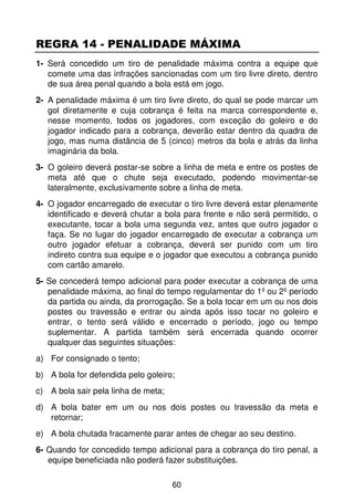 REGRA 14 - PENALIDADE MÁXIMA
1- Será concedido um tiro de penalidade máxima contra a equipe que
   comete uma das infrações sancionadas com um tiro livre direto, dentro
   de sua área penal quando a bola está em jogo.
2- A penalidade máxima é um tiro livre direto, do qual se pode marcar um
   gol diretamente e cuja cobrança é feita na marca correspondente e,
   nesse momento, todos os jogadores, com exceção do goleiro e do
   jogador indicado para a cobrança, deverão estar dentro da quadra de
   jogo, mas numa distância de 5 (cinco) metros da bola e atrás da linha
   imaginária da bola.
3- O goleiro deverá postar-se sobre a linha de meta e entre os postes de
   meta até que o chute seja executado, podendo movimentar-se
   lateralmente, exclusivamente sobre a linha de meta.
4- O jogador encarregado de executar o tiro livre deverá estar plenamente
   identificado e deverá chutar a bola para frente e não será permitido, o
   executante, tocar a bola uma segunda vez, antes que outro jogador o
   faça. Se no lugar do jogador encarregado de executar a cobrança um
   outro jogador efetuar a cobrança, deverá ser punido com um tiro
   indireto contra sua equipe e o jogador que executou a cobrança punido
   com cartão amarelo.
5- Se concederá tempo adicional para poder executar a cobrança de uma
   penalidade máxima, ao final do tempo regulamentar do 1º ou 2º período
   da partida ou ainda, da prorrogação. Se a bola tocar em um ou nos dois
   postes ou travessão e entrar ou ainda após isso tocar no goleiro e
   entrar, o tento será válido e encerrado o período, jogo ou tempo
   suplementar. A partida também será encerrada quando ocorrer
   qualquer das seguintes situações:
a) For consignado o tento;
b) A bola for defendida pelo goleiro;
c) A bola sair pela linha de meta;
d) A bola bater em um ou nos dois postes ou travessão da meta e
   retornar;
e) A bola chutada fracamente parar antes de chegar ao seu destino.
6- Quando for concedido tempo adicional para a cobrança do tiro penal, a
   equipe beneficiada não poderá fazer substituições.

                                     60
 