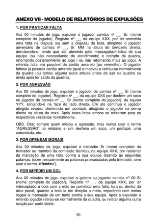 ANEXO VII - MODELO DE RELATÓRIOS DE EXPULSÕES
1. POR PRATICAR FALTA
Aos 00 minutos de jogo, expulsei o jogador camisa nº __, Sr. (nome
completo do jogador), Registro nº __, da equipe XXX, por ter cometido
uma falta na disputa (ou sem a disputa) da bola, atingindo o jogador
adversário de camisa nº __, Sr. MM na altura do tornozelo direito,
derrubando-o, tendo que ser atendido pelo massagista/médico de sua
equipe (ou não necessitando de atendimento) e retirado da quadra,
retornando posteriormente ao jogo ( ou não retornando mais ao jogo). A
referida falta era passível de cartão amarelo (ou vermelho). O jogador
faltoso já possuía cartão amarelo (qual o motivo) e retirou-se normalmente
da quadra (ou tomou alguma outra atitude antes de sair da quadra ou
ainda após ter saído da quadra).
2. POR AGRESSÃO
Aos 00 minutos de jogo, expulsei o jogador de camisa nº __, Sr (nome
completo do jogador), Registro nº __, da equipe XXX por desferir um soco
no jogador de camisa nº __, Sr (nome completo do jogador), da equipe
YYY, atingindo-o na face do lado direito. Em ato contínuo o jogador
atingido revidou desferindo um pontapé, atingindo o jogador na perna
direita na altura da coxa. Após estes fatos ambos se retiraram para os
respectivos vestiários normalmente.
OBS. Citar sempre quem iniciou a agressão, mas nunca usar o termo
“AGRESSÃO” no relatório e sim desferiu um soco, um pontapé, uma
cotovelada, etc.
3. POR OFENSAS MORAIS
Aos 00 minutos de jogo, expulsei o treinador Sr (nome completo do
treinador ou membro da comissão técnica), da equipe XXX, por reclamar
da marcação de uma falta contra a sua equipe dizendo as seguintes
palavras: (dizer textualmente as palavras pronunciadas pelo treinador, sem
usar o termo “ofendeu”).
4. POR IMPEDIR UM GOL
Aos 00 minutos de jogo, expulsei o goleiro ou jogador camisa nº 00 Sr
(nome completo do jogador), Registro nº __, da equipe XXX, por ter
interceptado a bola com a mão ou cometido uma falta, fora ou dentro da
área penal, quando a bola ia em direção a meta, impedindo com meios
ilegais a marcação de um tento contra a sua equipe. Após a expulsão o
referido jogador retirou-se normalmente da quadra, ou relatar alguma outra
reação por parte deste.

                                   90
 