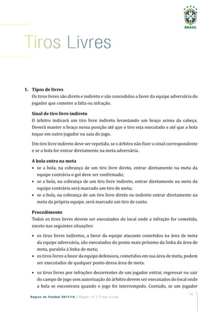 115
Regras de Futebol 2017/18 | Regra 13 | T iros Livres
1. Tipos de livres
Os tiros livres são direto e indireto e são concedidos a favor da equipe adversária do
jogador que cometer a falta ou infração.
Sinal de tiro livre indireto
O árbitro indicará um tiro livre indireto levantando um braço acima da cabeça.
Deverá manter o braço nessa posição até que o tiro seja executado e até que a bola
toque em outro jogador ou saia do jogo.
Um tiro livre indireto deve ser repetido, se o árbitro não fizer o sinal correspondente
e se a bola for entrar diretamente na meta adversária.
A bola entra na meta
• se a bola, na cobrança de um tiro livre direto, entrar diretamente na meta da
equipe contrária o gol deve ser confirmado;
• se a bola, na cobrança de um tiro livre indireto, entrar diretamente na meta da
equipe contrária será marcado um tiro de meta;
• se a bola, na cobrança de um tiro livre direto ou indireto entrar diretamente na
meta da própria equipe, será marcado um tiro de canto.
Procedimento
Todos os tiros livres devem ser executados do local onde a infração for cometida,
exceto nas seguintes situações:
• os tiros livres indiretos, a favor da equipe atacante cometidos na área de meta
da equipe adversária, são executados do ponto mais próximo da linha da área de
meta, paralela à linha de meta;
• os tiros livres a favor da equipe defensora, cometidos em sua área de meta, podem
ser executados de qualquer ponto dessa área de meta.
• os tiros livres por infrações decorrentes de um jogador entrar, regressar ou sair
do campo de jogo sem autorização do árbitro devem ser executados do local onde
a bola se encontrava quando o jogo foi interrompido. Contudo, se um jogador
tiros Livres
 