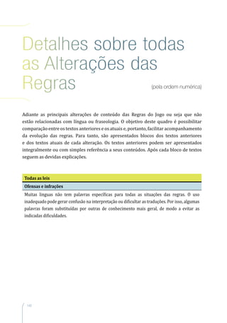 142
Detalhes sobre todas
as Alterações das
Regras (pela ordem numérica)
Adiante as principais alterações de conteúdo das Regras do Jogo ou seja que não
estão relacionadas com língua ou fraseologia. O objetivo deste quadro é possibilitar
comparação entre os textos anteriores e os atuais e, portanto, facilitar acompanhamento
da evolução das regras. Para tanto, são apresentados blocos dos textos anteriores
e dos textos atuais de cada alteração. Os textos anteriores podem ser apresentados
integralmente ou com simples referência a seus conteúdos. Após cada bloco de textos
seguem as devidas explicações.
Todas as leis
Ofensas e infrações
Muitas linguas não tem palavras específicas para todas as situações das regras. O uso
inadequado pode gerar confusão na interpretação ou dificultar as traduções. Por isso, algumas
palavras foram substituídas por outras de conhecimento mais geral, de modo a evitar as
indicadas dificuldades.
 