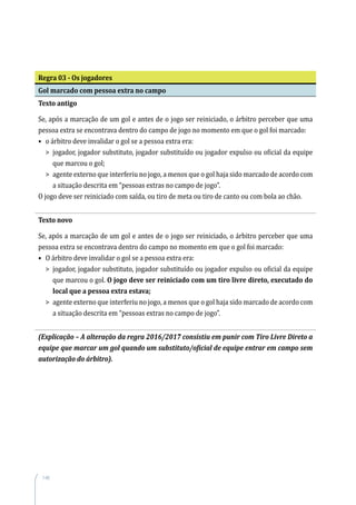 146
Regra 03 - Os jogadores
Gol marcado com pessoa extra no campo
Texto antigo
Se, após a marcação de um gol e antes de o jogo ser reiniciado, o árbitro perceber que uma
pessoa extra se encontrava dentro do campo de jogo no momento em que o gol foi marcado:
•	 o árbitro deve invalidar o gol se a pessoa extra era:
	 	jogador, jogador substituto, jogador substituído ou jogador expulso ou oficial da equipe
que marcou o gol;
	 	agente externo que interferiu no jogo, a menos que o gol haja sido marcado de acordo com
a situação descrita em “pessoas extras no campo de jogo”.
O jogo deve ser reiniciado com saída, ou tiro de meta ou tiro de canto ou com bola ao chão.
Texto novo
Se, após a marcação de um gol e antes de o jogo ser reiniciado, o árbitro perceber que uma
pessoa extra se encontrava dentro do campo no momento em que o gol foi marcado:
•	 O árbitro deve invalidar o gol se a pessoa extra era:
	 	jogador, jogador substituto, jogador substituído ou jogador expulso ou oficial da equipe
que marcou o gol. O jogo deve ser reiniciado com um tiro livre direto, executado do
local que a pessoa extra estava;
	 	agente externo que interferiu no jogo, a menos que o gol haja sido marcado de acordo com
a situação descrita em “pessoas extras no campo de jogo”.
(Explicação – A alteração da regra 2016/2017 consistiu em punir com Tiro Livre Direto a
equipe que marcar um gol quando um substituto/oficial de equipe entrar em campo sem
autorização do árbitro).
 