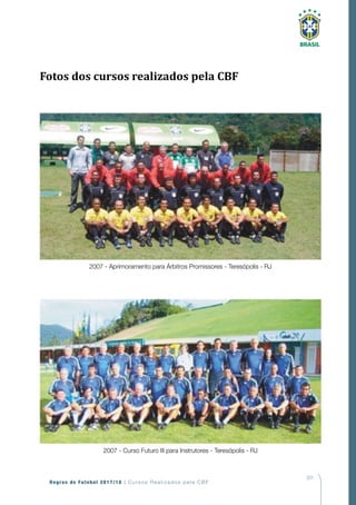201
Regras de Futebol 2017/18 | Cursos Realizados pela CBF
2007 - Aprimoramento para Árbitros Promissores - Teresópolis - RJ
2007 - Curso Futuro III para Instrutores - Teresópolis - RJ
Fotos dos cursos realizados pela CBF
 