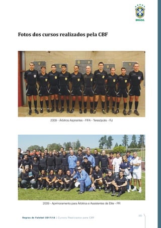203
Regras de Futebol 2017/18 | Cursos Realizados pela CBF
2009 - Árbitros Aspirantes - FIFA - Teresópolis - RJ
2009 - Aprimoramento para Árbitros e Assistentes de Elite - PR
Fotos dos cursos realizados pela CBF
 