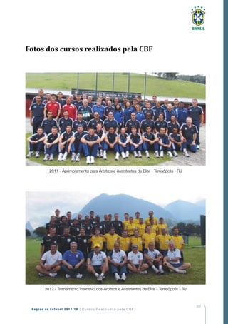 207
Regras de Futebol 2017/18 | Cursos Realizados pela CBF
2011 - Aprimoramento para Árbitros e Assistentes de Elite - Teresópolis - RJ
2012 - Treinamento Intensivo dos Árbitros e Assistentes de Elite - Teresópolis - RJ
Fotos dos cursos realizados pela CBF
 