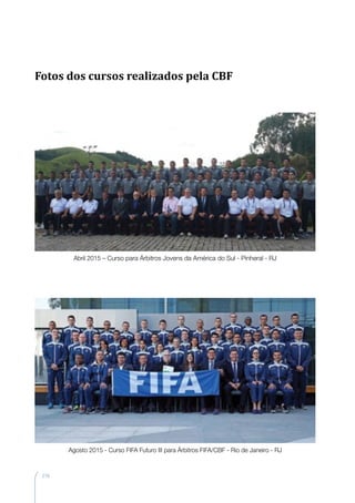 216
Abril 2015 – Curso para Árbitros Jovens da América do Sul - Pinheral - RJ
Agosto 2015 - Curso FIFA Futuro III para Árbitros FIFA/CBF - Rio de Janeiro - RJ
Fotos dos cursos realizados pela CBF
 
