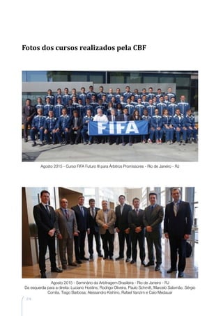 218
Agosto 2015 - Curso FIFA Futuro III para Árbitros Promissores - Rio de Janeiro - RJ
Agosto 2015 - Seminário da Arbitragem Brasileira - Rio de Janeiro - RJ
Da esquerda para a direita: Luciano Hostins, Rodrigo Oliveira, Paulo Schmitt, Marcelo Salomão, Sérgio
Corrêa, Tiago Barbosa, Alessandro Kishino, Rafael Vanzim e Caio Medauar
Fotos dos cursos realizados pela CBF
 