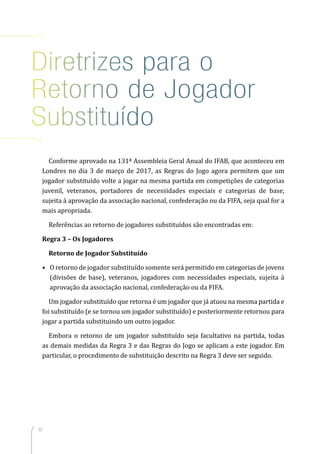 32
Diretrizes para o
Retorno de Jogador
Substituído
Conforme aprovado na 131ª Assembleia Geral Anual do IFAB, que aconteceu em
Londres no dia 3 de março de 2017, as Regras do Jogo agora permitem que um
jogador substituído volte a jogar na mesma partida em competições de categorias
juvenil, veteranos, portadores de necessidades especiais e categorias de base,
sujeita à aprovação da associação nacional, confederação ou da FIFA, seja qual for a
mais apropriada.
Referências ao retorno de jogadores substituídos são encontradas em:
Regra 3 – Os Jogadores
Retorno de Jogador Substituído
•	 O retorno de jogador substituído somente será permitido em categorias de jovens
(divisões de base), veteranos, jogadores com necessidades especiais, sujeita à
aprovação da associação nacional, confederação ou da FIFA.
Um jogador substituído que retorna é um jogador que já atuou na mesma partida e
foi substituído (e se tornou um jogador substituído) e posteriormente retornou para
jogar a partida substituindo um outro jogador.
Embora o retorno de um jogador substituído seja facultativo na partida, todas
as demais medidas da Regra 3 e das Regras do Jogo se aplicam a este jogador. Em
particular, o procedimento de substituição descrito na Regra 3 deve ser seguido.
 