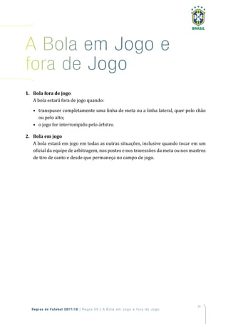 91
Regras de Futebol 2017/18 | Regra 09 | A Bola em Jogo e fora de Jogo
1. Bola fora de jogo
A bola estará fora de jogo quando:
• transpuser completamente uma linha de meta ou a linha lateral, quer pelo chão
ou pelo alto;
• o jogo for interrompido pelo árbitro.
2. Bola em jogo
A bola estará em jogo em todas as outras situações, inclusive quando tocar em um
oficial da equipe de arbitragem, nos postes e nos travessões da meta ou nos mastros
de tiro de canto e desde que permaneça no campo de jogo.
a Bola em Jogo e
fora de Jogo
 