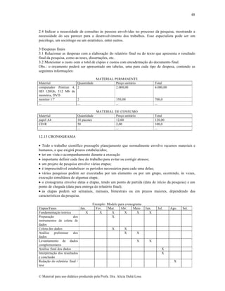 48

2.4 Indicar a necessidade de consultas às pessoas envolvidas no processo da pesquisa, mostrando a
necessidade do seu parecer para o desenvolvimento dos trabalhos. Esse especialista pode ser um
psicólogo, um sociólogo ou um estatístico, entre outros.
3 Despesas finais
3.1 Relacionar as despesas com a elaboração do relatório final ou do texto que apresenta o resultado
final da pesquisa, como as teses, dissertações, etc.
3.2 Mencionar o custo com o total de cópias e custos com encadernação do documento final.
Obs.: o orçamento poderá ser apresentado em tabelas, uma para cada tipo de despesa, contendo as
seguintes informações:
Material
Quantidade
computador Pentiun 4, 2
HD 120Gb, 512 Mb de
memória, DVD
monitor 17'
2
...
...

Material
papel A4
CD R
...

Quantidade
10 pacotes
50
...

MATERIAL PERMANENTE
Preço unitário
2.000,00

Total
4.000,00

350,00
...

700,0
...

MATERIAL DE CONSUMO
Preço unitário
12,00
2,00
...

Total
120,00
100,0
...

12.13 CRONOGRAMA
 Todo o trabalho científico pressupõe planejamento que normalmente envolve recursos materiais e
humanos, o que exigirá prazos estabelecidos;
 ter em vista o acompanhamento durante a execução
 importante definir cada fase do trabalho para evitar ou corrigir atrasos;
 um projeto de pesquisa envolve várias etapas;
 é imprescindível estabelecer os períodos necessários para cada uma delas;
 várias pesquisas podem ser executadas por um elemento ou por um grupo, ocorrendo, às vezes,
execução simultânea de algumas etapa;
 o cronograma envolve datas e etapas, tendo um ponto de partida (data de início da pesquisa) e um
ponto de chegada (data para entrega do relatório final);
 as etapas podem ser semanais, mensais, bimestrais ou em prazos maiores, dependendo das
características da pesquisa.

Etapas/Fases
Jan.
Fundamentação teórica
X
Preparação
dos
instrumentos de coleta de
dados
Coleta dos dados
Análise preliminar dos
dados
Levantamento de dados
complementares
Análise final dos dados
Interpretação dos resultados
e conclusão
Redação do relatório final /
tese

Exemplo: Modelo para cronograma
Fev.
Mar.
Abr.
Maio
X
X
X
X
X

X

X
X

Jun.
X

Jul.

Ago.

X
X

© Material para uso didático produzido pela Profa. Dra. Alícia Duhá Lose.

X
X
X
X

Set.

 