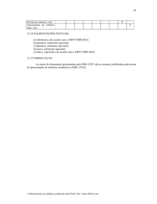 49

Revisão do relatório / tese
Apresentação do relatório
final / tese

X
X

12.14 ELEMENTOS PÓS-TEXTUAIS
a) referências; (de acordo com a ABNT NBR 6023)
b) glossário; (elemento opcional)
c) apêndice; (elemento opcional)
d) anexo; (elemento opcional)
e) índice. (opcional e de acordo com a ABNT NBR 6034)
12.15 FORMATAÇÃO
As regras de formatação apresentadas pela NBR 15287 são as mesmas já definidas pela norma
de apresentação de trabalhos acadêmicos (NBR 14724).

© Material para uso didático produzido pela Profa. Dra. Alícia Duhá Lose.

 