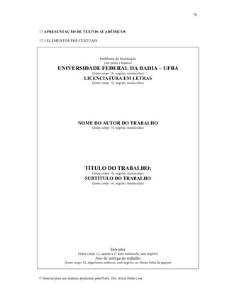 70

17 APRESENTAƒ„O DE TEXTOS ACAD…MICOS
17.1 ELEMENTOS PRÉ-TEXTUAIS

Emblema da Instituição
(em preto e branco)

UNIVERSIDADE FEDERAL DA BAHIA – UFBA
(fonte corpo 16, negrito, maiúsculas)

LICENCIATURA EM LETRAS
(fonte corpo 14, negrito, maiúsculas)

NOME DO AUTOR DO TRABALHO
(fonte corpo 14, negrito, maiúsculas)

T†TULO DO TRABALHO:
(fonte corpo 16, negrito, maiúsculas)

SUBT†TULO DO TRABALHO
(fonte corpo 14, negrito, maiúsculas)

Salvador
(fonte corpo 12, apenas a 1ª letra maiúscula, sem negrito)

Ano de entrega do trabalho
(fonte corpo 12, algarismos arábicos, sem negrito, na última linha da página)

© Material para uso didático produzido pela Profa. Dra. Alícia Duhá Lose.

 