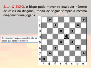 5.1.4 O BISPO, o bispo pode mover-se qualquer número
de casas na diagonal, tendo de seguir sempre a mesma
diagonal numa jogada.
As casas com os pontos pretos, são as
casas que estão sob ataque.
 