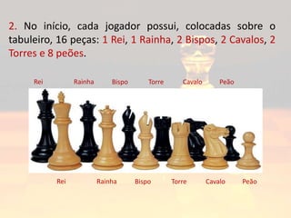 2. No início, cada jogador possui, colocadas sobre o
tabuleiro, 16 peças: 1 Rei, 1 Rainha, 2 Bispos, 2 Cavalos, 2
Torres e 8 peões.
Rei Rainha Bispo Torre Cavalo Peão
Rei Rainha Bispo Torre Cavalo Peão
 