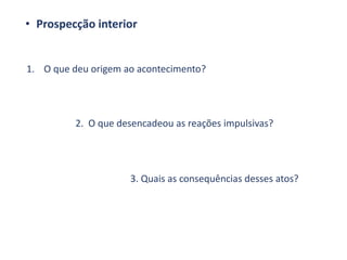 • Prospecção interior
1. O que deu origem ao acontecimento?
2. O que desencadeou as reações impulsivas?
3. Quais as consequências desses atos?
 