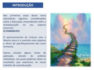 Nas primeiras aulas desse tema
abordamos algumas considerações
sobre a Educação, enveredando sobre a
Autoeducação no seu aspecto
essencial:
O EVANGÉLICO
O aprimoramento da criatura com o
Mestre Jesus é o caminho mais objetivo
e eficaz de aperfeiçoamento dos seres
humanos.
Vamos estudar alguns meios de
aplicação, através de práticas
individuais, nas quais podemos obter os
resultados que aspiramos no nosso
trabalho de autoeducação.
INTRODUÇÃO
 