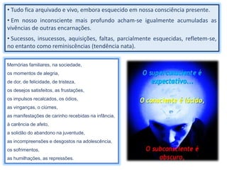 • Tudo fica arquivado e vivo, embora esquecido em nossa consciência presente.
• Em nosso inconsciente mais profundo acham-se igualmente acumuladas as
vivências de outras encarnações.
• Sucessos, insucessos, aquisições, faltas, parcialmente esquecidas, refletem-se,
no entanto como reminiscências (tendência nata).
Memórias familiares, na sociedade,
os momentos de alegria,
de dor, de felicidade, de tristeza,
os desejos satisfeitos, as frustações,
os impulsos recalcados, os ódios,
as vinganças, o ciúmes,
as manifestações de carinho recebidas na infância,
à carência de afeto,
a solidão do abandono na juventude,
as incompreensões e desgostos na adolescência,
os sofrimentos,
as humilhações, as repressões.
 