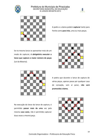 Prefeitura do Município de Piracicaba
                        SECRETARIA MUNICIPAL DE EDUCAÇÃO
                              IX JOGOS INFANTIS 2013




                                               A pedra e a dama podem capturar tanto para
                                               frente como para trás, uma ou mais peças.




Se no mesmo lance se apresentar mais de um
modo de capturar, é obrigatório executar o
lance que capture o maior número de peças
(Lei da Maioria).




                                               A pedra que durante o lance de captura de
                                               várias peças, apenas passe por qualquer casa
                                               de coroação, sem aí parar, não será
                                               promovida à dama.




Na execução do lance do lance de captura, é
permitido passar mais de uma vez pela
mesma casa vazia, não é permitido capturar
duas vezes a mesma peça.




                                                                                           14
                    Comissão Organizadora – Professores de Educação Física
 