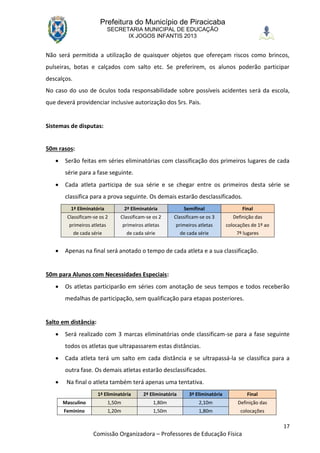 Prefeitura do Município de Piracicaba
                             SECRETARIA MUNICIPAL DE EDUCAÇÃO
                                   IX JOGOS INFANTIS 2013


Não será permitida a utilização de quaisquer objetos que ofereçam riscos como brincos,
pulseiras, botas e calçados com salto etc. Se preferirem, os alunos poderão participar
descalços.
No caso do uso de óculos toda responsabilidade sobre possíveis acidentes será da escola,
que deverá providenciar inclusive autorização dos Srs. Pais.


Sistemas de disputas:


50m rasos:
      Serão feitas em séries eliminatórias com classificação dos primeiros lugares de cada
       série para a fase seguinte.
      Cada atleta participa de sua série e se chegar entre os primeiros desta série se
       classifica para a prova seguinte. Os demais estarão desclassificados.
          1ª Eliminatória            2ª Eliminatória             Semifinal                   Final
        Classificam-se os 2       Classificam-se os 2      Classificam-se os 3           Definição das
         primeiros atletas           primeiros atletas      primeiros atletas         colocações de 1º ao
             de cada série            de cada série             de cada série             7º lugares


      Apenas na final será anotado o tempo de cada atleta e a sua classificação.


50m para Alunos com Necessidades Especiais:
      Os atletas participarão em séries com anotação de seus tempos e todos receberão
       medalhas de participação, sem qualificação para etapas posteriores.


Salto em distância:
      Será realizado com 3 marcas eliminatórias onde classificam-se para a fase seguinte
       todos os atletas que ultrapassarem estas distâncias.
      Cada atleta terá um salto em cada distância e se ultrapassá-la se classifica para a
       outra fase. Os demais atletas estarão desclassificados.
       Na final o atleta também terá apenas uma tentativa.
                        1ª Eliminatória       2ª Eliminatória       3ª Eliminatória            Final
       Masculino             1,50m                 1,80m                2,10m              Definição das
       Feminino              1,20m                 1,50m                1,80m               colocações

                                                                                                            17
                      Comissão Organizadora – Professores de Educação Física
 
