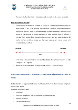 Prefeitura do Município de Piracicaba
                         SECRETARIA MUNICIPAL DE EDUCAÇÃO
                               IX JOGOS INFANTIS 2013




       Apenas na final será anotada a marca alcançada por cada atleta e a sua colocação.


Mini revezamento 10 x 50m:
       Será realizada em forma de estafeta: os alunos de cada equipe serão divididos em
        duas colunas, A e B, 50m distante uma da outra. Todos os alunos deverão estar
        sentados. O primeiro aluno da coluna A de cada escola se posicionará em pé, com um
        bastão na mão, ao sinal do árbitro deverá correr até o primeiro aluno da Coluna B e
        entregar-lhe o bastão. Esse procedimento se repetirá até que todos os alunos da
        equipe tenham corrido. A escola que fizer esse processo em menor tempo será
        considerada a vencedora.


       Coluna A                                                              Coluna B

       x x x x X                                                            X x x x x
                                           50m


       Serão feitas séries eliminatórias com classificação dos dois primeiros lugares de cada
        série para a fase seguinte.
       Apenas na final será anotado o tempo de cada equipe e a sua classificação.




ATLETISMO MASCULINO E FEMININO – CATEGORIA LEÃO MARINHO (4º e 5º
Anos)


Serão adotadas as regras da Federação Paulista de Atletismo e algumas regras adaptadas
relacionadas abaixo.
As provas disputadas serão:
       75m rasos;
       75m rasos para Alunos Portadores de Necessidades Especiais;
       Salto em distância;
       Lançamento da Pelota;
                                                                                            18
                   Comissão Organizadora – Professores de Educação Física
 