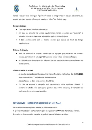 Prefeitura do Município de Piracicaba
                        SECRETARIA MUNICIPAL DE EDUCAÇÃO
                              IX JOGOS INFANTIS 2013


Vence a equipe que conseguir “queimar” todos os integrantes da equipe adversária, ou
aquela que tiver o maior número de jogadores “vivos” no final do jogo.


Duração do jogo:
      Cada jogo terá 10 minutos de duração.
      Em caso de empate no tempo regulamentar, vence a equipe que “queimar” o
       primeiro integrante da equipe adversária, após o reinício do jogo.
      A bola permanecerá com a mesma equipe que estava ao final do tempo
       regulamentar.


Sistema de disputa:
      Será de eliminatória simples, sendo que as equipes que perderem na primeira
       rodada, participam de um jogo “bônus”, não sendo válido como classificação.
       O campeão das disputas do dia irá participar da grande final com os campeões das
       outras chaves.


Das finais entre as chaves:
     As escolas campeãs das Chaves A, B e C se enfrentarão na final do dia 23/05/2013,
       para assim definir a Campeã Geral da modalidade.
     A classificação se dará pelo número de vitórias.
     Em caso de empate, o campeão será determinado pelos seguintes critérios: 1º
       número de atletas que conseguiu queimar das outras equipes; 2º vencedor do
       confronto direto entre os envolvidos.




FUTSAL LIVRE – CATEGORIA GOLFINHO (2º e 3º Anos)
Serão adaptadas as regras da Federação Paulista de Futsal.
A quadra utilizada será a oficial e bola para os jogos será a MAX 100 (Penalty ou similar).
Em todas as circunstâncias o goleiro só poderá repor a bola com as mãos.



                                                                                              6
                   Comissão Organizadora – Professores de Educação Física
 