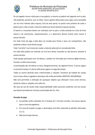 Prefeitura do Município de Piracicaba
                        SECRETARIA MUNICIPAL DE EDUCAÇÃO
                              IX JOGOS INFANTIS 2013


Se um jogador recuar a bola para o seu goleiro, o mesmo só poderá sair jogando com os pés,
não podendo, portanto, usar as mãos. Caso o goleiro descumpra essa regra, será concedido
um tiro livre indireto (dois toques), fora da área penal, no ponto mais próximo de onde o
goleiro pôs a mão na bola. A barreira defensiva ficará distante 4 passos da bola.
O lateral e o escanteio devem ser cobrados com os pés e a bola estando em cima da linha
lateral e do semicírculo, respectivamente, e o adversário deverá manter pelo menos 4
passos da bola.
Em todo início de jogo a bola deve ser tocada para frente e para um companheiro, não
podendo realizar chute direto ao gol.
Todo “carrinho” com intuito de roubar a bola do adversário é considerado falta.
Em toda falta poderá ser cobrado um tiro livre direto, havendo ou não barreira, distante 4
passos da bola.
Cada equipe participará com 10 atletas, e podem ser formadas por meninos e/ou meninas,
ficando a critério das escolas.
A participação dos 10 atletas se dará, obrigatoriamente, da seguinte forma: 5 alunos jogam
no primeiro tempo e 5 alunos diferentes jogam no segundo tempo.
Todos os alunos deverão estar uniformizados e calçados. Chuteiras de futebol de campo
(com cravos altos) e jogadores descalços não serão permitidos (MOTIVO: SEGURANÇA).
Não será permitida a utilização de quaisquer objetos que ofereçam riscos como brincos,
pulseiras, botas e calçados com salto etc.
No caso do uso de óculos toda responsabilidade sobre possíveis acidentes será da escola,
que deverá providenciar inclusive autorização dos Srs. Pais.


Duração do jogo:
      As partidas serão realizadas em 2 tempos de 7 minutos corridos, com pausa apenas
       para a troca de jogadores.
      Em caso de empate no jogo, o desempate será feito cobrando-se pênaltis alternados
       (1 x 1).
      Não terá tempo técnico.




                                                                                        7
                   Comissão Organizadora – Professores de Educação Física
 