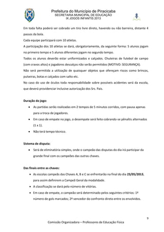 Prefeitura do Município de Piracicaba
                        SECRETARIA MUNICIPAL DE EDUCAÇÃO
                              IX JOGOS INFANTIS 2013


Em toda falta poderá ser cobrado um tiro livre direto, havendo ou não barreira, distante 4
passos da bola.
Cada equipe participará com 10 atletas.
A participação dos 10 atletas se dará, obrigatoriamente, da seguinte forma: 5 alunos jogam
no primeiro tempo e 5 alunos diferentes jogam no segundo tempo.
Todos os alunos deverão estar uniformizados e calçados. Chuteiras de futebol de campo
(com cravos altos) e jogadores descalços não serão permitidos (MOTIVO: SEGURANÇA).
Não será permitida a utilização de quaisquer objetos que ofereçam riscos como brincos,
pulseiras, botas e calçados com salto etc.
No caso do uso de óculos toda responsabilidade sobre possíveis acidentes será da escola,
que deverá providenciar inclusive autorização dos Srs. Pais.


Duração do jogo:
      As partidas serão realizadas em 2 tempos de 5 minutos corridos, com pausa apenas
       para a troca de jogadores.
      Em caso de empate no jogo, o desempate será feito cobrando-se pênaltis alternados
       (1 x 1).
      Não terá tempo técnico.


Sistema de disputa:
      Será de eliminatória simples, onde o campeão das disputas do dia irá participar da
       grande final com os campeões das outras chaves.


Das finais entre as chaves:
     As escolas campeãs das Chaves A, B e C se enfrentarão na final do dia 23/05/2013,
       para assim definirem a Campeã Geral da modalidade.
     A classificação se dará pelo número de vitórias.
     Em caso de empate, o campeão será determinado pelos seguintes critérios: 1º
       número de gols marcados; 2º vencedor do confronto direto entre os envolvidos.




                                                                                            9
                   Comissão Organizadora – Professores de Educação Física
 