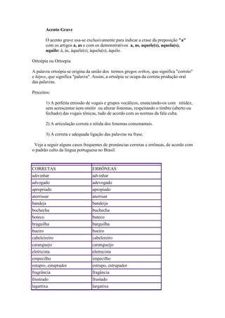 Acento Grave
O acento grave usa-se exclusivamente para indicar a crase da preposição "a"
com os artigos a, as e com os demonstrativos a, as, aquele(s), aquela(s),
aquilo: à, às, àquele(s), àquela(s), àquilo.
Ortoépia ou Ortoepia
A palavra ortoépia se origina da união dos termos gregos orthos, que significa "correto"
e hépos, que significa "palavra". Assim, a ortoépia se ocupa da correta produção oral
das palavras.
Preceitos:
1) A perfeita emissão de vogais e grupos vocálicos, enunciando-os com nitidez,
sem acrescentar nem omitir ou alterar fonemas, respeitando o timbre (aberto ou
fechado) das vogais tônicas, tudo de acordo com as normas da fala culta.
2) A articulação correta e nítida dos fonemas consonantais.
3) A correta e adequada ligação das palavras na frase.
Veja a seguir alguns casos frequentes de pronúncias corretas e errôneas, de acordo com
o padrão culto da língua portuguesa no Brasil.

CORRETAS

ERRÔNEAS

adivinhar

advinhar

advogado

adevogado

apropriado

apropiado

aterrissar

aterrisar

bandeja

bandeija

bochecha

buchecha

boteco

buteco

braguilha

barguilha

bueiro

boeiro

cabeleireiro

cabelereiro

caranguejo

carangueijo

eletricista

eletrecista

empecilho

impecilho

estupro, estuprador

estrupo, estrupador

fragrância

fragância

frustrado

frustado

lagartixa

largatixa

 