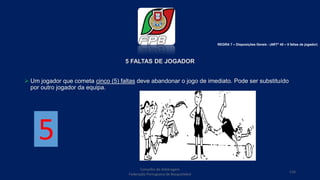 5 FALTAS DE JOGADOR
 Um jogador que cometa cinco (5) faltas deve abandonar o jogo de imediato. Pode ser substituído
por outro jogador da equipa.
Conselho de Arbitragem
Federação Portuguesa de Basquetebol
116
REGRA 7 – Disposições Gerais - (ARTº 40 – 5 faltas de jogador)
5
 