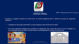 LANCE(S) LIVRE(S)
 Quando um jogador executa um lance livre, os outros jogadores têm o direito de ocupar as seguintes
posições:
 2 jogadores da equipa adversária, os dois espaços mais próximos do cesto;
 Os outros jogadores dispõem-se conforme os diagramas. Se a bola não tocar no aro é violação e a
sua reposição deve ser feita na linha lateral no prolongamento da linha de lance livre.
Conselho de Arbitragem
Federação Portuguesa de Basquetebol
119
REGRA 7 – Disposições Gerais - (ARTº 43 – Lance livres)
 