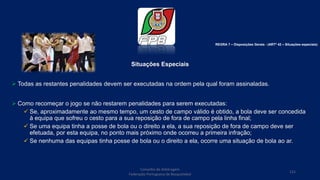 Situações Especiais
 Todas as restantes penalidades devem ser executadas na ordem pela qual foram assinaladas.
 Como recomeçar o jogo se não restarem penalidades para serem executadas:
 Se, aproximadamente ao mesmo tempo, um cesto de campo válido é obtido, a bola deve ser concedida
à equipa que sofreu o cesto para a sua reposição de fora de campo pela linha final;
 Se uma equipa tinha a posse de bola ou o direito a ela, a sua reposição de fora de campo deve ser
efetuada, por esta equipa, no ponto mais próximo onde ocorreu a primeira infração;
 Se nenhuma das equipas tinha posse de bola ou o direito a ela, ocorre uma situação de bola ao ar.
Conselho de Arbitragem
Federação Portuguesa de Basquetebol
121
REGRA 7 – Disposições Gerais - (ARTº 42 – Situações especiais)
 