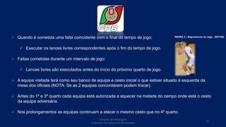  Quando é cometida uma falta coincidente com o final do tempo de jogo:
 Executar os lances livres correspondentes após o fim do tempo de jogo.
 Faltas cometidas durante um intervalo de jogo:
 Lances livres são executados antes do início do próximo quarto de jogo.
 A equipa visitada terá como seu banco de equipa e cesto inicial o que estiver situado à esquerda da
mesa dos oficiais (NOTA: Se as 2 equipas concordarem podem trocar).
 Antes do 1º e 3º quarto cada equipa está autorizada a aquecer na metade do campo onde está o cesto
da equipa adversária.
 Nos prolongamentos as equipas continuam a atacar o mesmo cesto que no 4º quarto.
Conselho de Arbitragem
Federação Portuguesa de Basquetebol
27
REGRA 4 – Regulamento do Jogo - (NOTAS)
 
