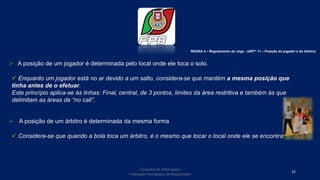 Conselho de Arbitragem
Federação Portuguesa de Basquetebol
32
 A posição de um jogador é determinada pelo local onde ele toca o solo.
 Enquanto um jogador está no ar devido a um salto, considera-se que mantém a mesma posição que
tinha antes de o efetuar.
Este princípio aplica-se às linhas: Final, central, de 3 pontos, limites da área restritiva e também às que
delimitam as áreas de “no call”.
 A posição de um árbitro é determinada da mesma forma
 Considera-se que quando a bola toca um árbitro, é o mesmo que tocar o local onde ele se encontra.
REGRA 4 – Regulamento do Jogo - (ARTº 11 – Posição do jogador e do árbitro)
 