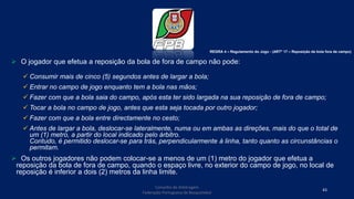  O jogador que efetua a reposição da bola de fora de campo não pode:
 Consumir mais de cinco (5) segundos antes de largar a bola;
 Entrar no campo de jogo enquanto tem a bola nas mãos;
 Fazer com que a bola saia do campo, após esta ter sido largada na sua reposição de fora de campo;
 Tocar a bola no campo de jogo, antes que esta seja tocada por outro jogador;
 Fazer com que a bola entre directamente no cesto;
 Antes de largar a bola, deslocar-se lateralmente, numa ou em ambas as direções, mais do que o total de
um (1) metro, a partir do local indicado pelo árbitro.
Contudo, é permitido deslocar-se para trás, perpendicularmente à linha, tanto quanto as circunstâncias o
permitam.
 Os outros jogadores não podem colocar-se a menos de um (1) metro do jogador que efetua a
reposição da bola de fora de campo, quando o espaço livre, no exterior do campo de jogo, no local de
reposição é inferior a dois (2) metros da linha limite.
Conselho de Arbitragem
Federação Portuguesa de Basquetebol
43
REGRA 4 – Regulamento do Jogo - (ARTº 17 – Reposição de bola fora de campo)
 