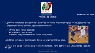Princípio do cilindro
 O princípio do cilindro é definido como o espaço de um cilindro imaginário ocupado por um jogador no solo.
 Compreende o espaço acima do jogador assim delimitado:
 À frente, pelas palmas das mãos;
 Na retaguarda, pelas ancas e
 Nos lados, pela parte exterior dos braços e das pernas.
 A distância entre os pés de um jogador deverá ser proporcional à sua altura.
 As mãos e os braços de um jogador podem ser estendidas à frente do tronco, não ultrapassando a posição
dos pés.
Conselho de Arbitragem
Federação Portuguesa de Basquetebol
83
REGRA 6 – Faltas - (ARTº 33–Faltas)
 