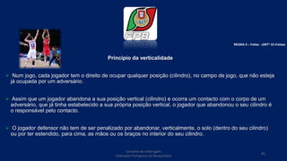 Princípio da verticalidade
 Num jogo, cada jogador tem o direito de ocupar qualquer posição (cilindro), no campo de jogo, que não esteja
já ocupada por um adversário.
 Assim que um jogador abandona a sua posição vertical (cilindro) e ocorra um contacto com o corpo de um
adversário, que já tinha estabelecido a sua própria posição vertical, o jogador que abandonou o seu cilindro é
o responsável pelo contacto.
 O jogador defensor não tem de ser penalizado por abandonar, verticalmente, o solo (dentro do seu cilindro)
ou por ter estendido, para cima, as mãos ou os braços no interior do seu cilindro.
Conselho de Arbitragem
Federação Portuguesa de Basquetebol
85
REGRA 6 – Faltas - (ARTº 33–Faltas)
 