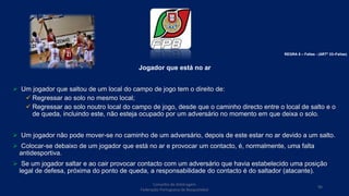 Jogador que está no ar
 Um jogador que saltou de um local do campo de jogo tem o direito de:
 Regressar ao solo no mesmo local;
 Regressar ao solo noutro local do campo de jogo, desde que o caminho directo entre o local de salto e o
de queda, incluindo este, não esteja ocupado por um adversário no momento em que deixa o solo.
 Um jogador não pode mover-se no caminho de um adversário, depois de este estar no ar devido a um salto.
 Colocar-se debaixo de um jogador que está no ar e provocar um contacto, é, normalmente, uma falta
antidesportiva.
 Se um jogador saltar e ao cair provocar contacto com um adversário que havia estabelecido uma posição
legal de defesa, próxima do ponto de queda, a responsabilidade do contacto é do saltador (atacante).
Conselho de Arbitragem
Federação Portuguesa de Basquetebol
90
REGRA 6 – Faltas - (ARTº 33–Faltas)
 