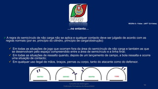 …no entanto…
 A regra do semicírculo de não carga não se aplica e qualquer contacto deve ser julgado de acordo com as
regras normais (por ex. princípio do cilindro, princípio de carga/obstrução):
 Em todas as situações de jogo que ocorram fora da área do semicírculo de não carga e também as que
se desenvolvam pelo espaço compreendido entre a área de semicírculo e a linha final;
 Em todas as situações de ressalto quando, depois de um lançamento de campo, a bola ressalta e ocorre
uma situação de contacto;
 Em qualquer uso ilegal de mãos, braços, pernas ou corpo, tanto do atacante como do defensor.
Conselho de Arbitragem
Federação Portuguesa de Basquetebol
94
REGRA 6 – Faltas - (ARTº 32–Faltas)
 