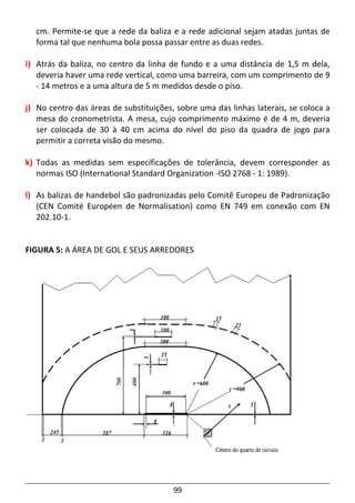 99
cm. Permite-se que a rede da baliza e a rede adicional sejam atadas juntas de
forma tal que nenhuma bola possa passar entre as duas redes.
i) Atrás da baliza, no centro da linha de fundo e a uma distância de 1,5 m dela,
deveria haver uma rede vertical, como uma barreira, com um comprimento de 9
- 14 metros e a uma altura de 5 m medidos desde o piso.
j) No centro das áreas de substituições, sobre uma das linhas laterais, se coloca a
mesa do cronometrista. A mesa, cujo comprimento máximo é de 4 m, deveria
ser colocada de 30 à 40 cm acima do nível do piso da quadra de jogo para
permitir a correta visão do mesmo.
k) Todas as medidas sem especificações de tolerância, devem corresponder as
normas ISO (International Standard Organization -ISO 2768 - 1: 1989).
l) As balizas de handebol são padronizadas pelo Comitê Europeu de Padronização
(CEN Comité Européen de Normalisation) como EN 749 em conexão com EN
202.10-1.
FIGURA 5: A ÁREA DE GOL E SEUS ARREDORES
 