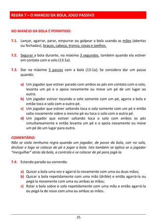 25
REGRA 7 – O MANEJO DA BOLA, JOGO PASSIVO
NO MANEJO DA BOLA É PERMITIDO:
7.1. Lançar, agarrar, parar, empurrar ou golpear a bola usando as mãos (abertas
ou fechadas), braços, cabeça, tronco, coxas e joelhos.
7.2. Segurar a bola durante, no máximo 3 segundos, também quando ela estiver
em contato com o solo (13:1a).
7.3. Dar no máximo 3 passos com a bola (13:1a); Se considera dar um passo
quando:
a) Um jogador que estiver parado com ambos os pés em contato com o solo,
levanta um pé e o apoia novamente ou move um pé de um lugar ao
outro.
b) Um jogador estiver tocando o solo somente com um pé, agarra a bola e
então toca o solo com o outro pé.
c) Um jogador que estiver saltando toca o solo somente com um pé e então
salta novamente sobre o mesmo pé ou toca o solo com o outro pé.
d) Um jogador que estiver saltando toca o solo com ambos os pés
simultaneamente e então levanta um pé e o apoia novamente ou move
um pé de um lugar para outro.
COMENTÁRIO:
Não se viola nenhuma regra quando um jogador, de posse da bola, cair no solo,
deslizar e logo se colocar de pé e jogar a bola. Isto também se aplica se o jogador
“mergulhar” atrás da bola, a controla e se colocar de pé para jogá-la.
7.4. Estando parado ou correndo:
a) Quicar a bola uma vez e agarrá-la novamente com uma ou duas mãos;
b) Quicar a bola repetidamente com uma mão (drible) e então agarrá-la ou
pegá-la novamente com uma ou ambas as mãos;
c) Rolar a bola sobre o solo repetidamente com uma mão e então agarrá-la
ou pegá-la de novo com uma ou ambas as mãos.
 